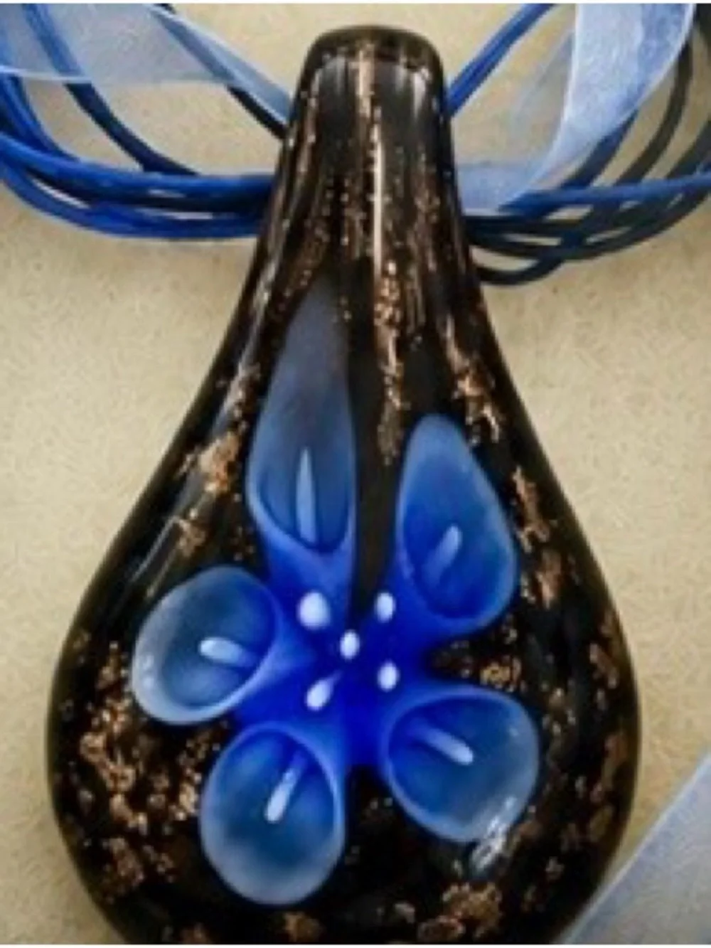 Handmade Blue Floral Glass Pendant Necklace with Multi-Strand Cord